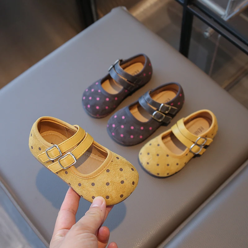 

2025 New Girls Leather Shoes Fashion Polka Dot Printed Kids Causal Ballet Shoes Versatile Children Princess School Flat Shoes