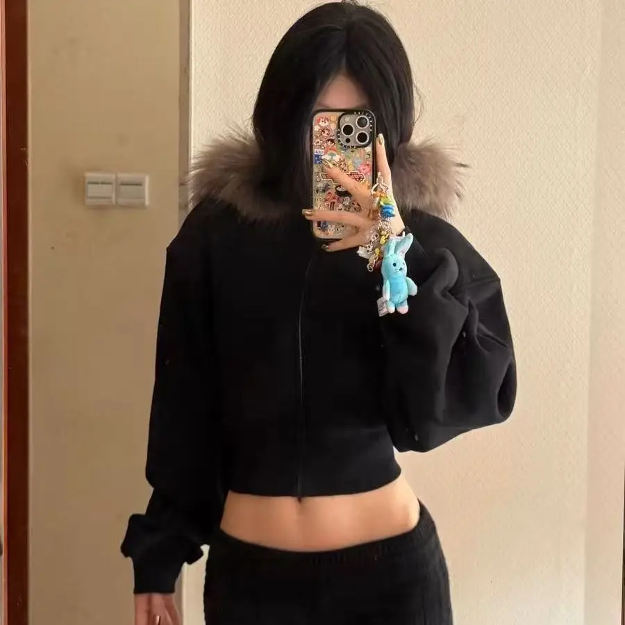 2025 New American Style Fur Collar Hooded Sweatshirt Jacket Zipper for Spring and Autumn Short Design Top Short Jacket