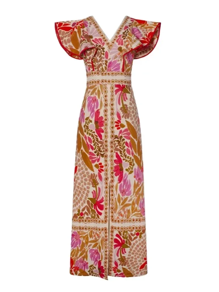 BWQ Sexy Flying Sleeves Print Dress Women Elegant Loose V Neck Split Dresses 2026 Spring Summer Chic Female High Street Vestidos