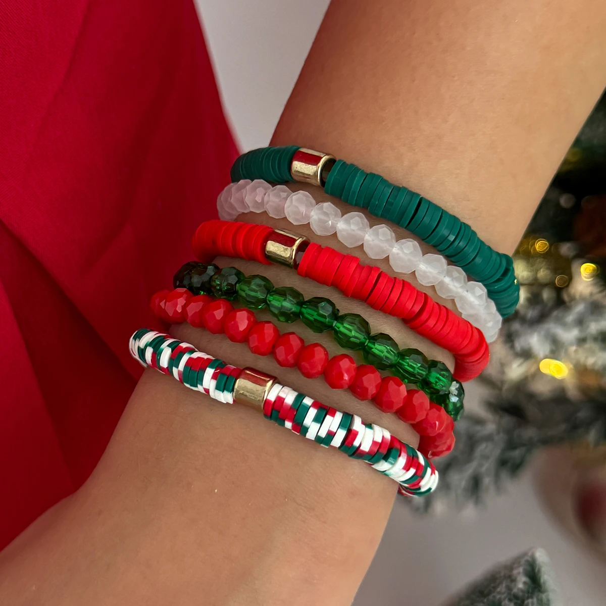 Salircon 6 Teile/satz Y2K Polymer Clay Stapelbare Armbänder für Frauen Niedlichen Charme Farbige Einstellbare Elastische Armreifen Weihnachten Schmuck