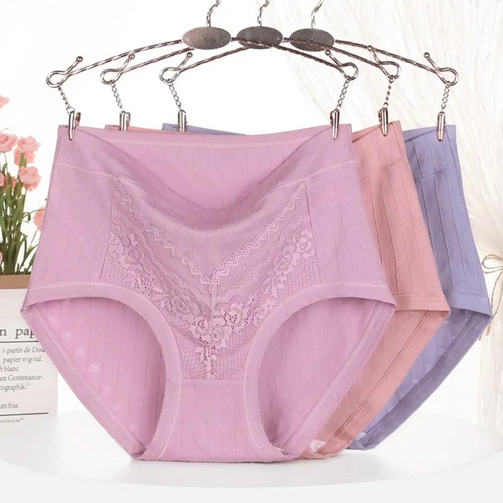 سراويل داخلية نسائية لعام 2026 مصنوعة من القطن والدانتيل بلون سادة عالية الخصر سراويل مثلثة للسيدات ملابس داخلية
