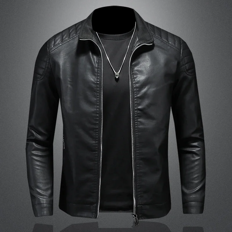 Men's Leather Clothing Fashion Slim Fit Zipper Leather Jacket Solid Casual Jacket Moto Biker Leather Coat Men Motorcycle ZL147