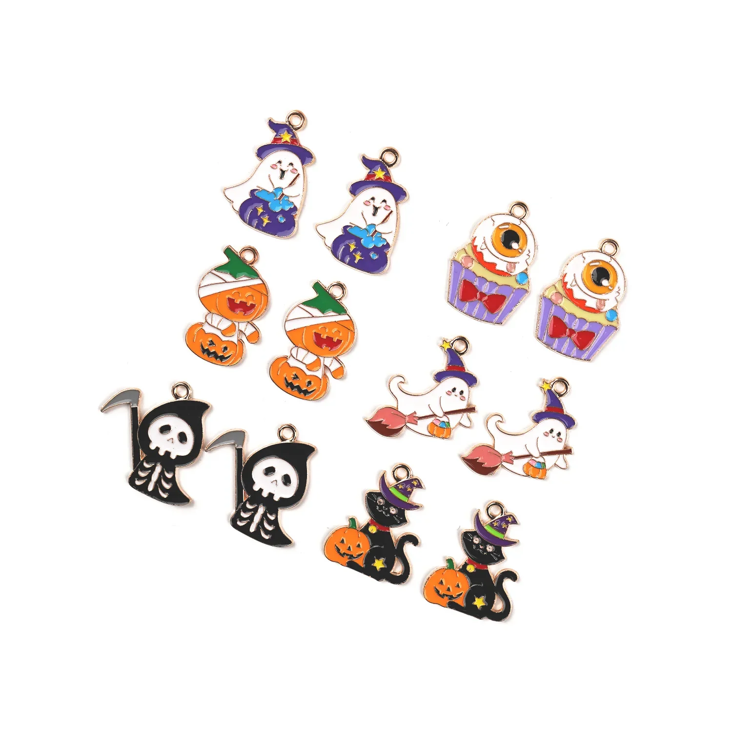 10pcs Halloween Theme Enamel Charms Black Cat Death Ghost Pumpkin Head Alloy DIY Handmaking Pendant Fashion Jewelry Accessory