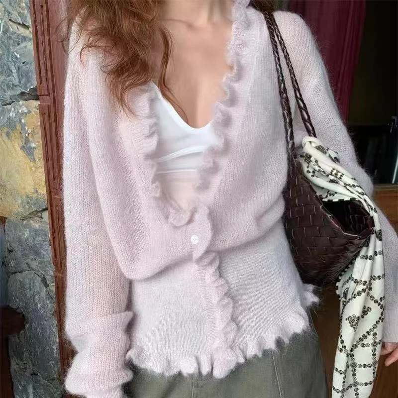 2026 Korean Style V-neck Ruffle Sweater Cardigan for Women Spring Autumn Slim Knitwear Sweater Oversized Cardigans Knitted Tops
