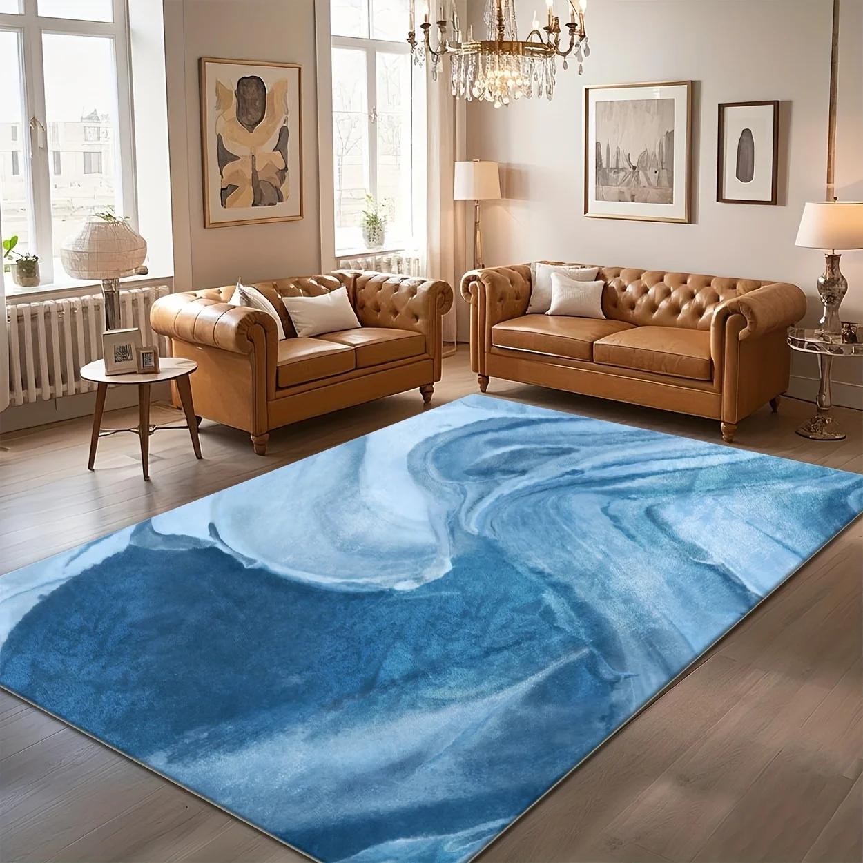 Elegant Flowing Ocean Art Carpet Non Slip Soft Texture Rug For Home Office Dining Room Decoration