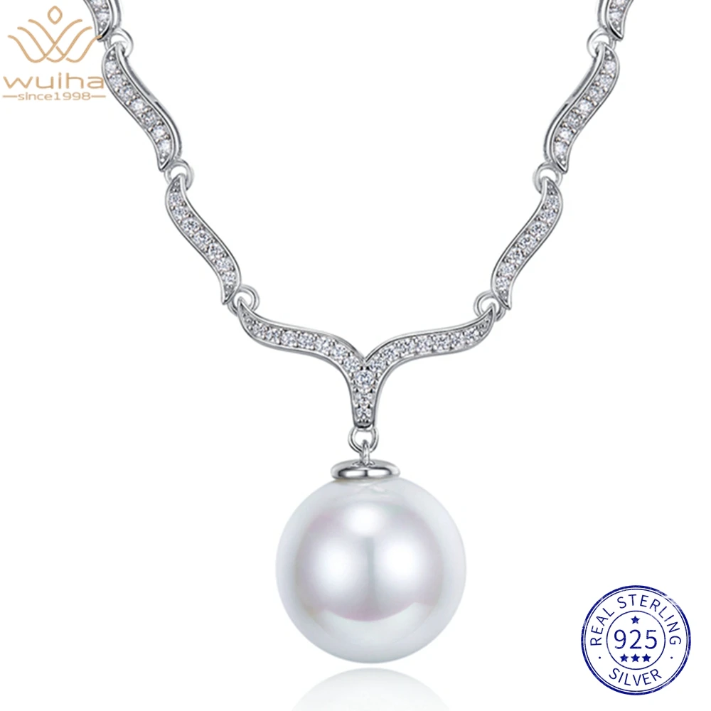 

WUIHA Luxury White Gold Pearl 16MM Sapphire Faceted Gemstone Necklaces Engagement 925 Sterling Silver Fine Jewelry Drop Shipping