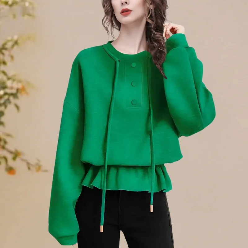 

Women's Spring Autumn New Style High End Sense Sweatshirt Design Sense Green Waist Cinching Fashionable Loose Pullover Top