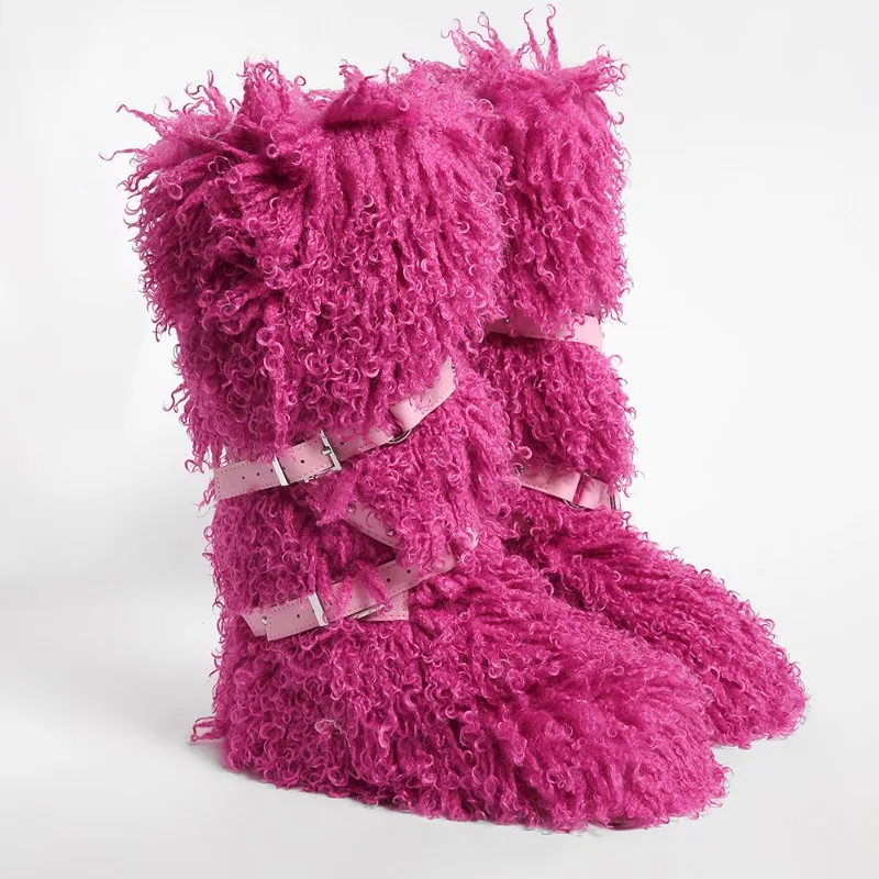 2025 New Designer Luxury Women Fluffy Real Fur High Tube Snow Boots Long Fur Mongolian Wool Boots Knee High Snow Boot view 6