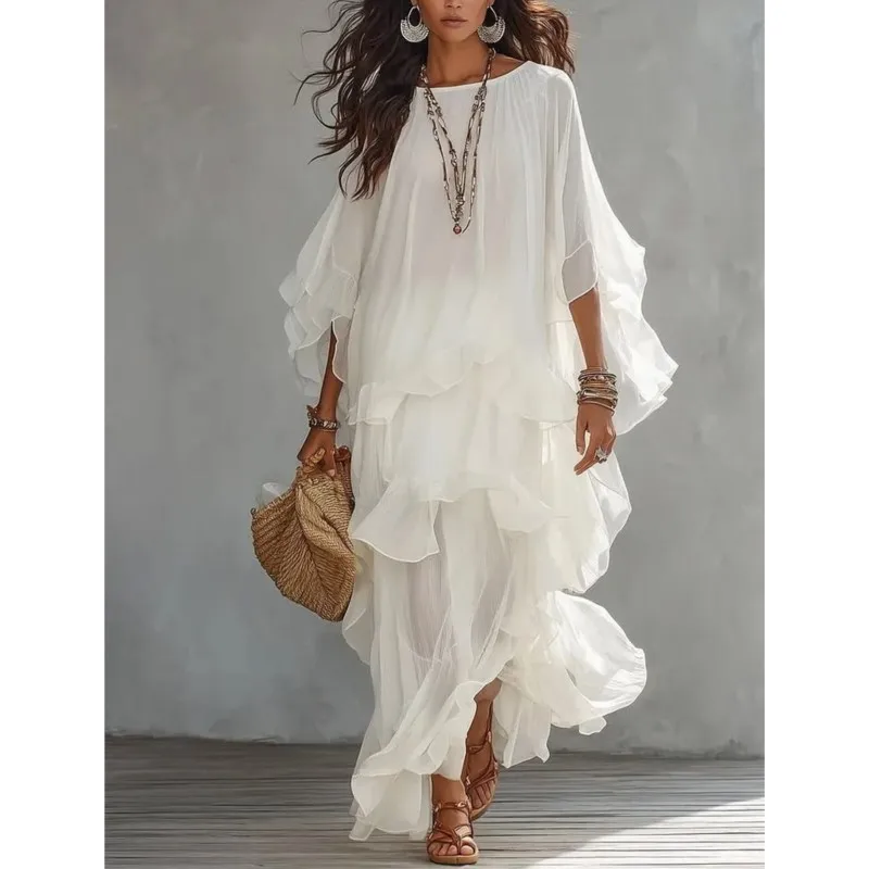 Women's Oversized Dress Spring Autumn Simple Solid Ruffle Edge Splicing Design Dresses Ladies Fashion O-neck Vacation Vestidos
