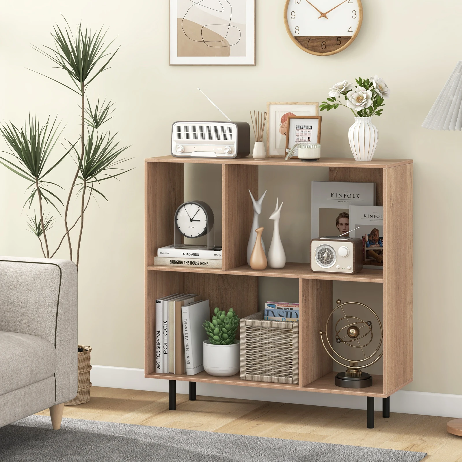 Open Shelf Bookcase Mid Century Modern Cube Bookshelf with 4 Compartments