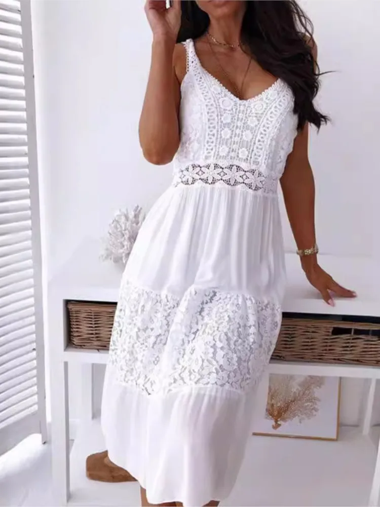 

New Summer Women's Sexy V-neck Backless White Lace Stitching Thin Shoulder Strap Dress Casual Beach Sleeveless Dresses