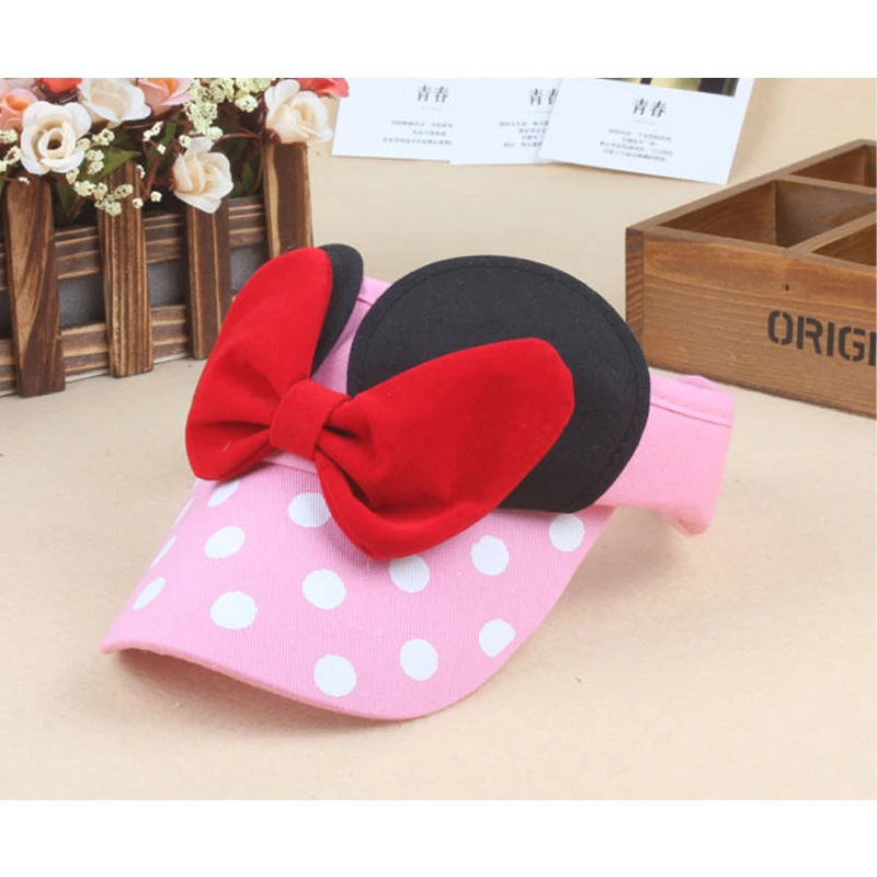 Disney Children Hat Cute Minnie Bow Sunscreen Empty Top Hats for Girls Summer Outdoor Sun Protection Visor Hat Girl\'s Gifts