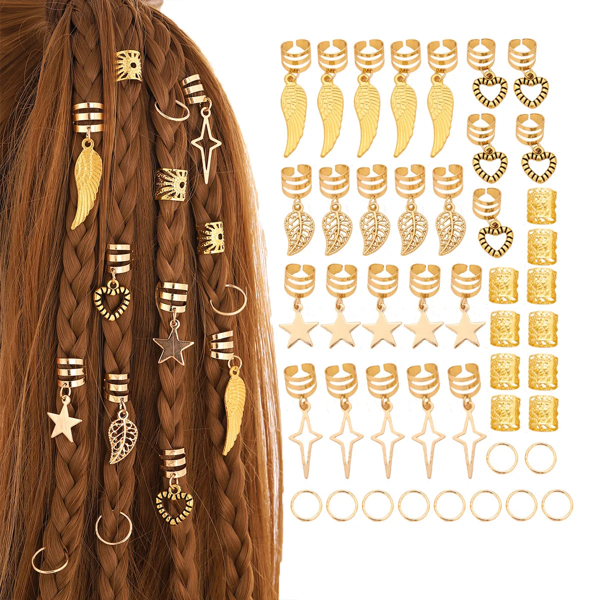 45PCS Hair Jewelry for Braids Star Leaf Heart Hair Cuffs Multi Style Rings Adjustable Hair Beads for Braid Loc Dreadlock Accesso