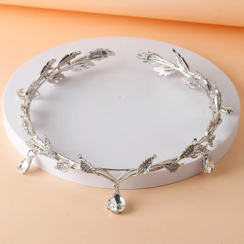 Rhinestone Wedding Tiara Crown For Brides, Goddess Elf Princess Fairy Crystal Pendent Headband Leaf Cosplay Crown For Women Girl