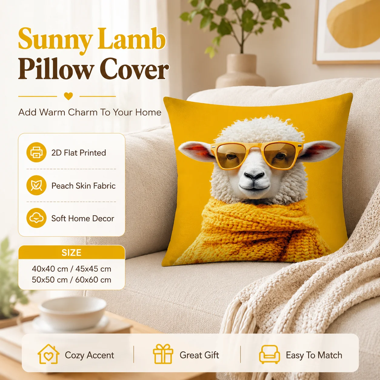 

Funny Cool Sheep Yellow Sunglasses Peach Skin Pillowcase 2D Flat Printed Animal Cushion Cover for Sofa Living Room Decor