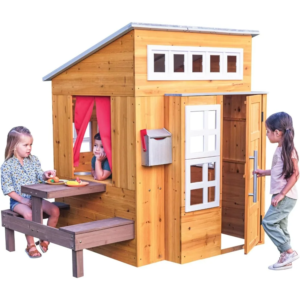 

KidKraft Modern Outdoor Wooden Playhouse with Picnic Table, Mailbox and Outdoor Grill ,Gift for Ages 3+