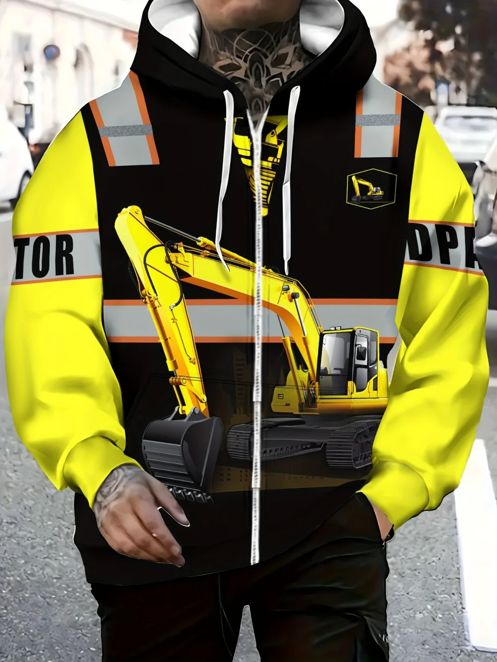 

Man Hoodie Excavator Print Casual Long Sleeve Hooded Zip-Up Tops Drawstring Pockets Yellow Outdoors Comfortable Men's Sweatshirt