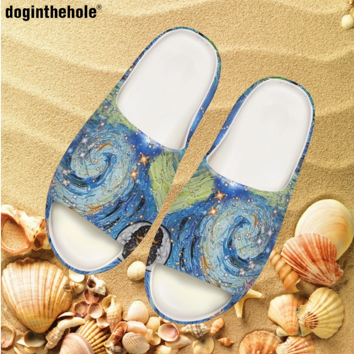 Doginthehole Van Gogh Oil Paint Pattern Design Slippers Summer New Ladies Vacation Beach Sandals Home Non-slip Coconut Slippers