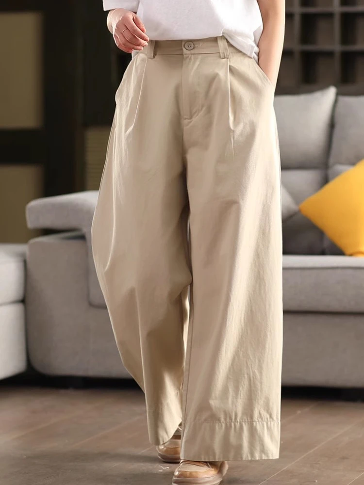 

100% Cotton Women Casual Trousers New Arrival 2025 Spring Simple Style Solid Color Loose Female High Waist Wide Leg Pants M895