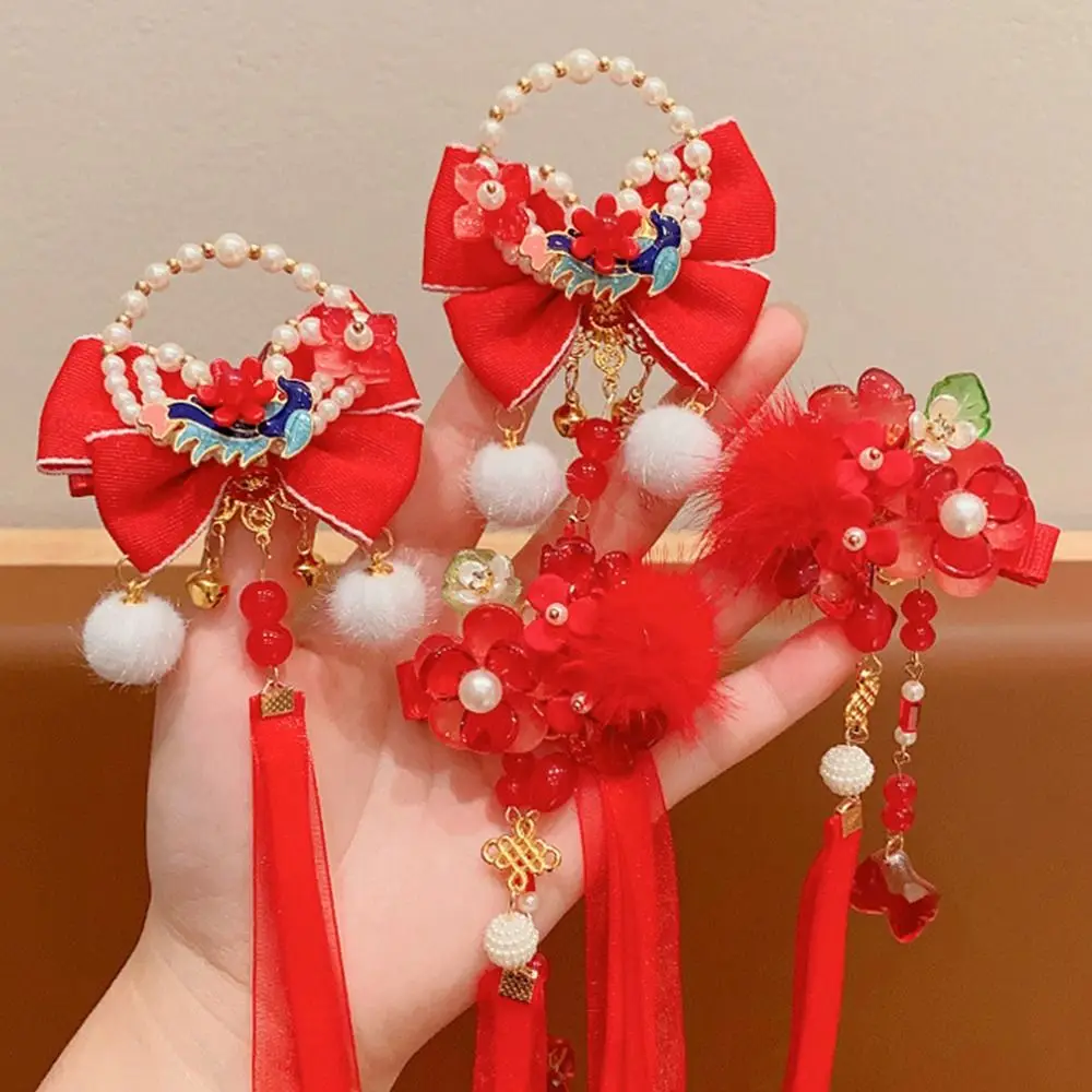 Ribbon Red Bow Hair Clip Fringe Head Wear Princess Forehead Chain Tang Suit Hair Clip New Year Plush Ball Hairpin Headwear