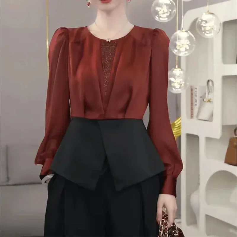 

Новый женский уникальный маленький топ во французском стиле с нишей и шикарной темпераментной атласной лоскутной повседневной рубашкой с длинными рукавами XQ602