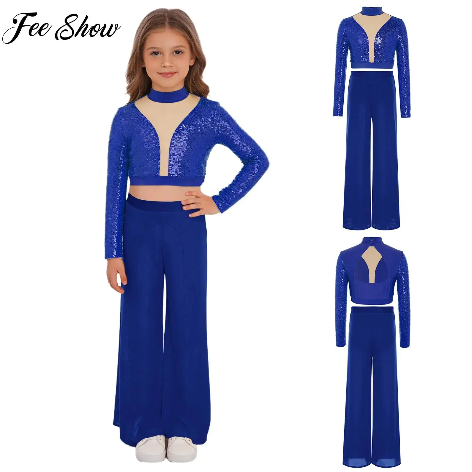 

Teen Girls Modern Lyrical Dance Outfit Long Sleeve Cutout Back Sequins Crop Top And Pant for Gymnastics Ballet Dance Competition