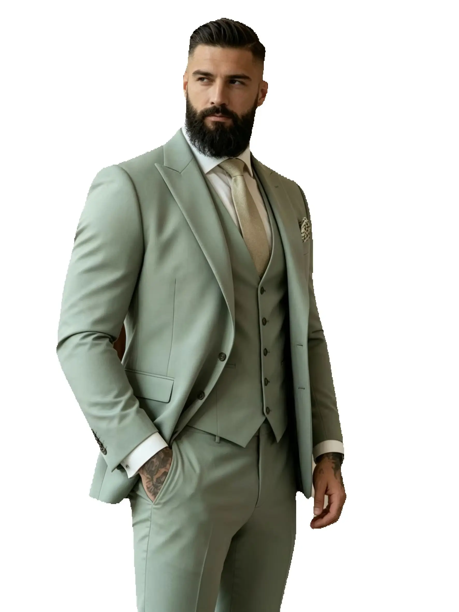 Matcha Green Mens Suits 3 Pieces Slim Fit Peak Lapel Formal Wedding Groom Wear Blazer Tuxedos for Party Prom(Blazer+Pants+Vest)
