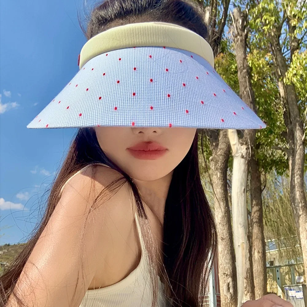 

Fashion Sweet Woman Sun Hat Anti-UV Wide Brim Empty Top Cap Sunscreen Colorful Dot Visor Cap Travel