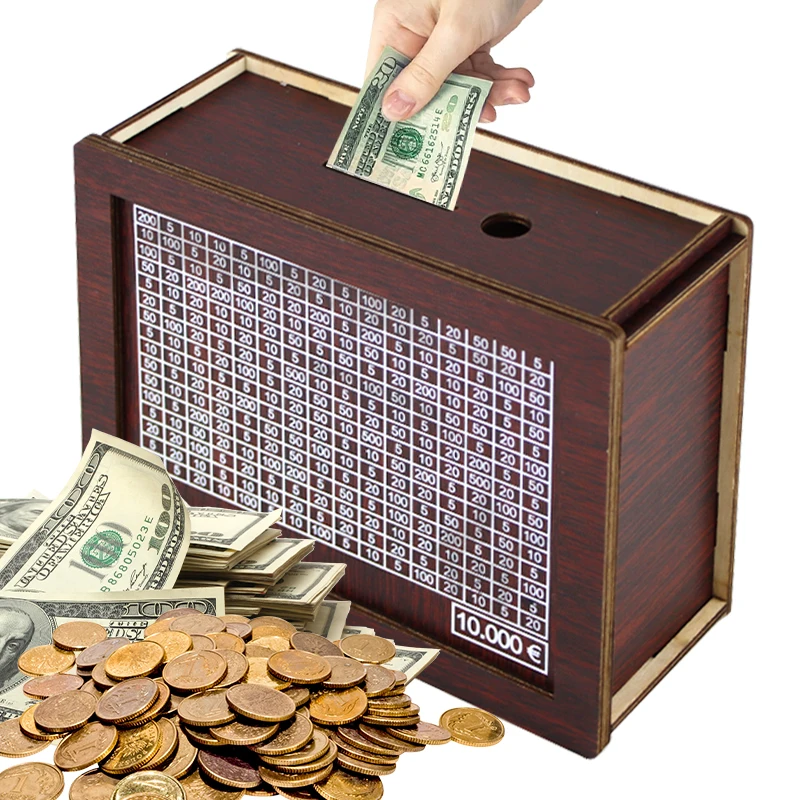 1000/2000/3000/5000/10000 Euro Money Box Wooden Piggy Bank Challenge Cash Storage Case Money Vault Reusable Coin Savings Box