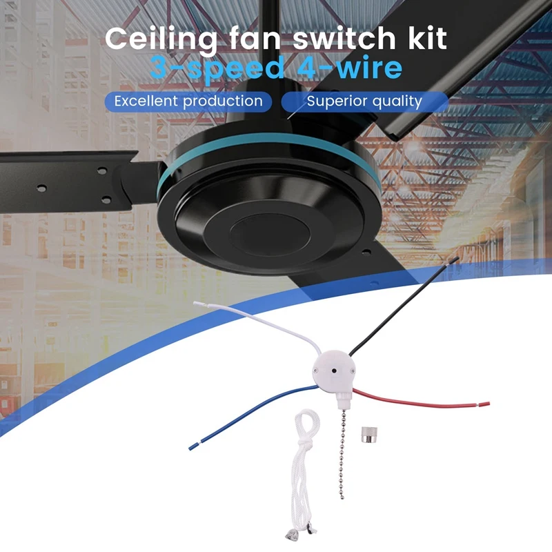 Ceiling Fan Switch Kit 3 Speed 4 Wire, Fan Switch Zipper Speed Control Switch, ZE-208S Pull Wire Switch With Rope