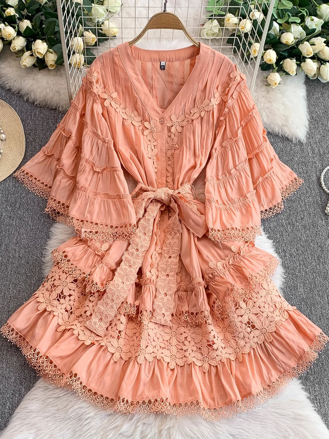 Vestido Retro com Decote em V e Mangas Sino, Saia em Camadas de Cintura Alta, Vestido Curto de Manga Longa Estilo Coreano