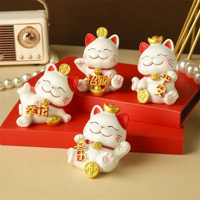 

Cute Resin Lucky Cat Ornaments for Home Office Car Decorations INS Creative Good Fortune Animals Miniature Xmas Gifts Figurines