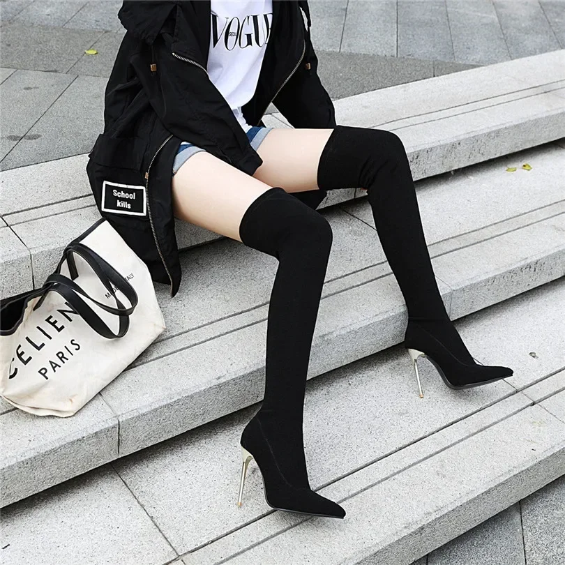 Plus Size Stretch Leopard Over Knee Boots High Thin Heels Pointed Toe Winter Fur Sexy Ladies Long Thigh-high Stripper Sock Boots view 3