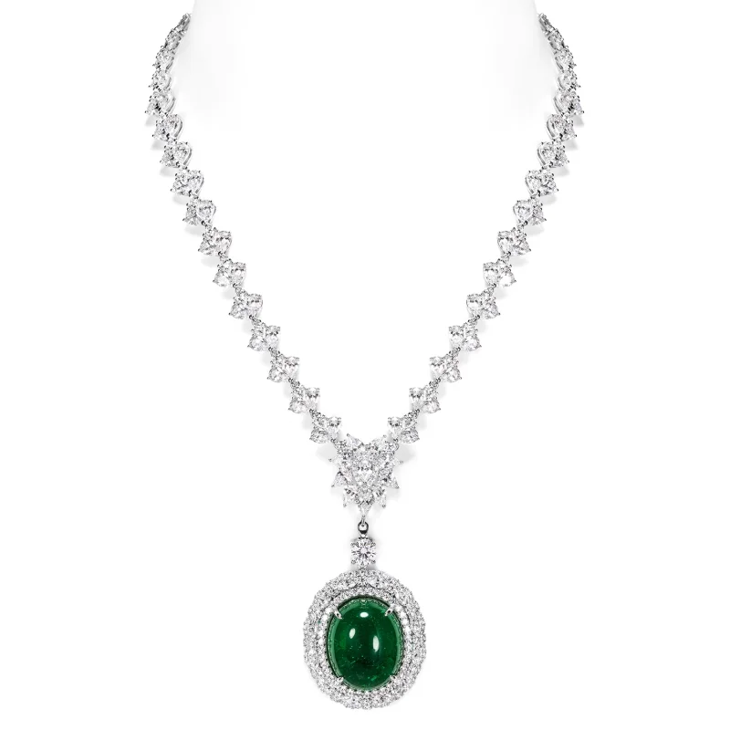 Bellux Artificial Emerald Oval Shaped Green Pendant 925 Silver Zircon White Full Diamond Banquet Luxury Jewelry Necklace
