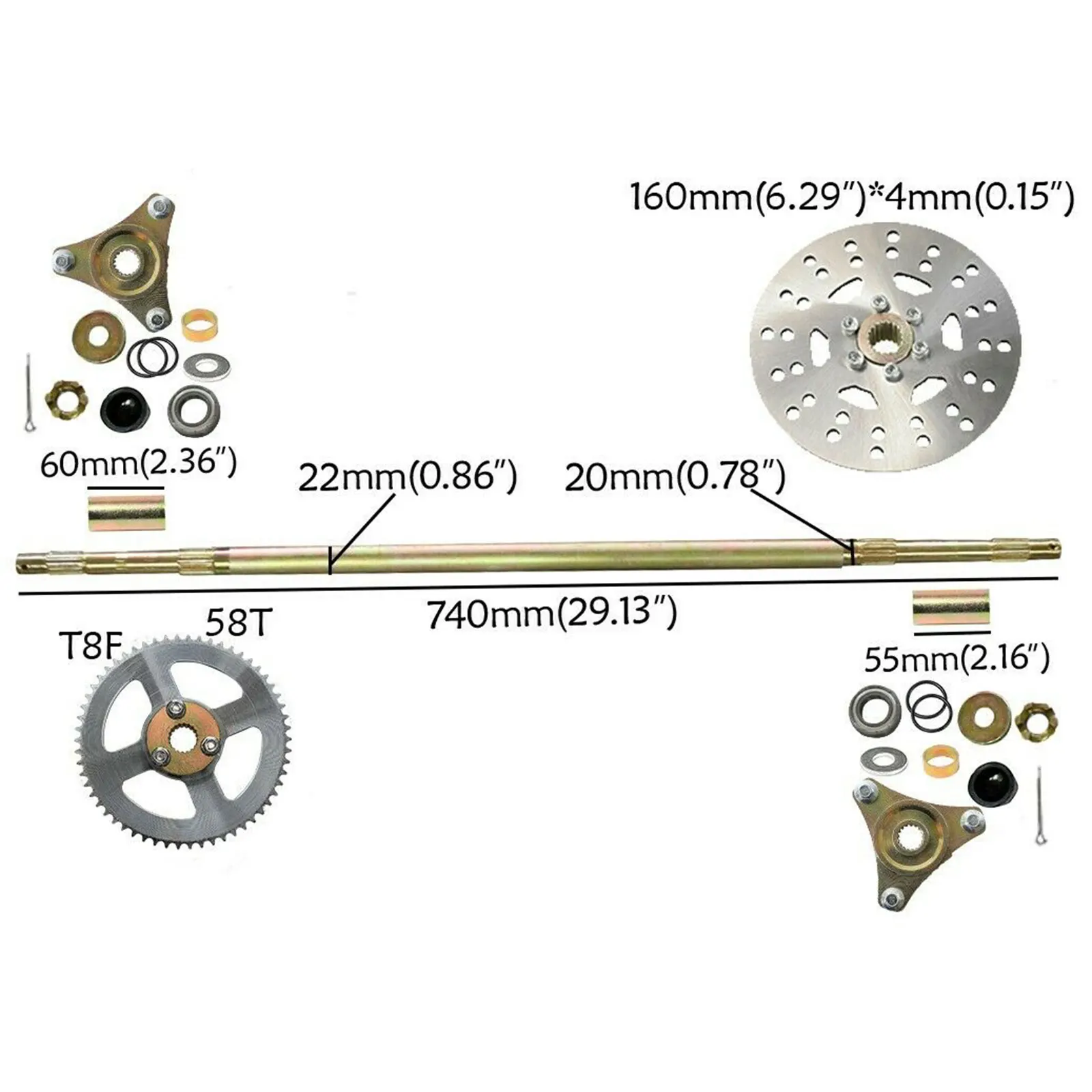 Go Kart Rear Axle Assembly Kit 29.13''(740mm)Complete Wheel Hub for Mini Kids ATV QUAD Buggy for DIY Gokart Projects or Rebuilds