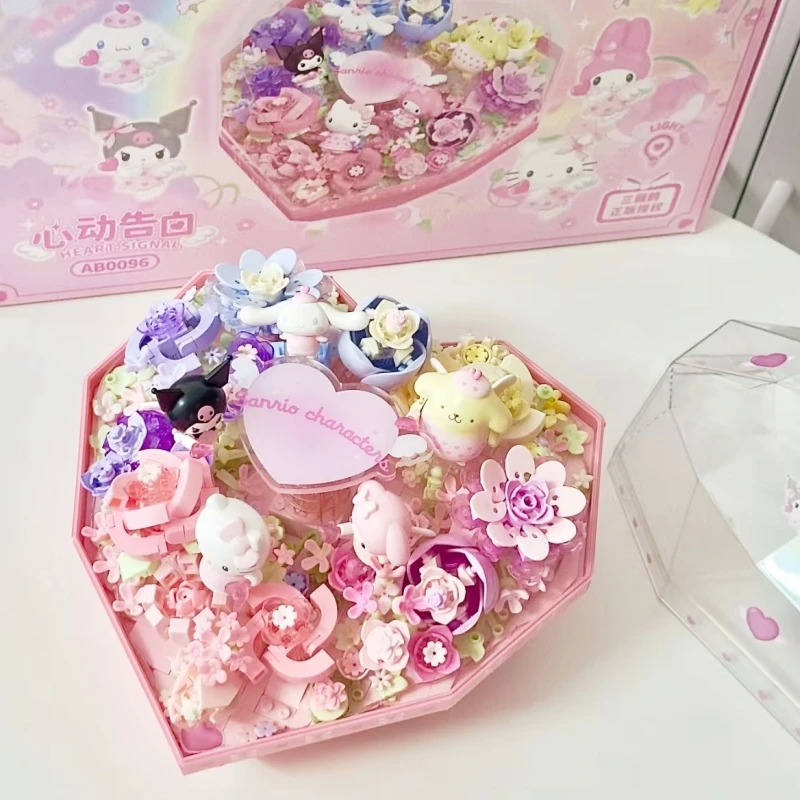 AREAX Sanrio Building Blocks Love Flower Box Heartbeat Confession Toy Kuromi Hello Kitty My Melody Assembly Model Ornament Gift