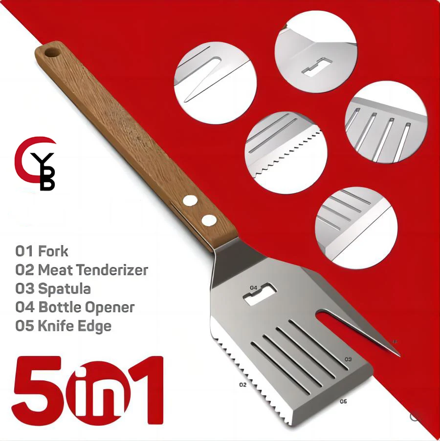 

5 in 1 Grill Spatula with Knife, Fork, Bottle Opener and Turner BBQ Tools. All in One Grill Accessories Set for Outdoor Grills