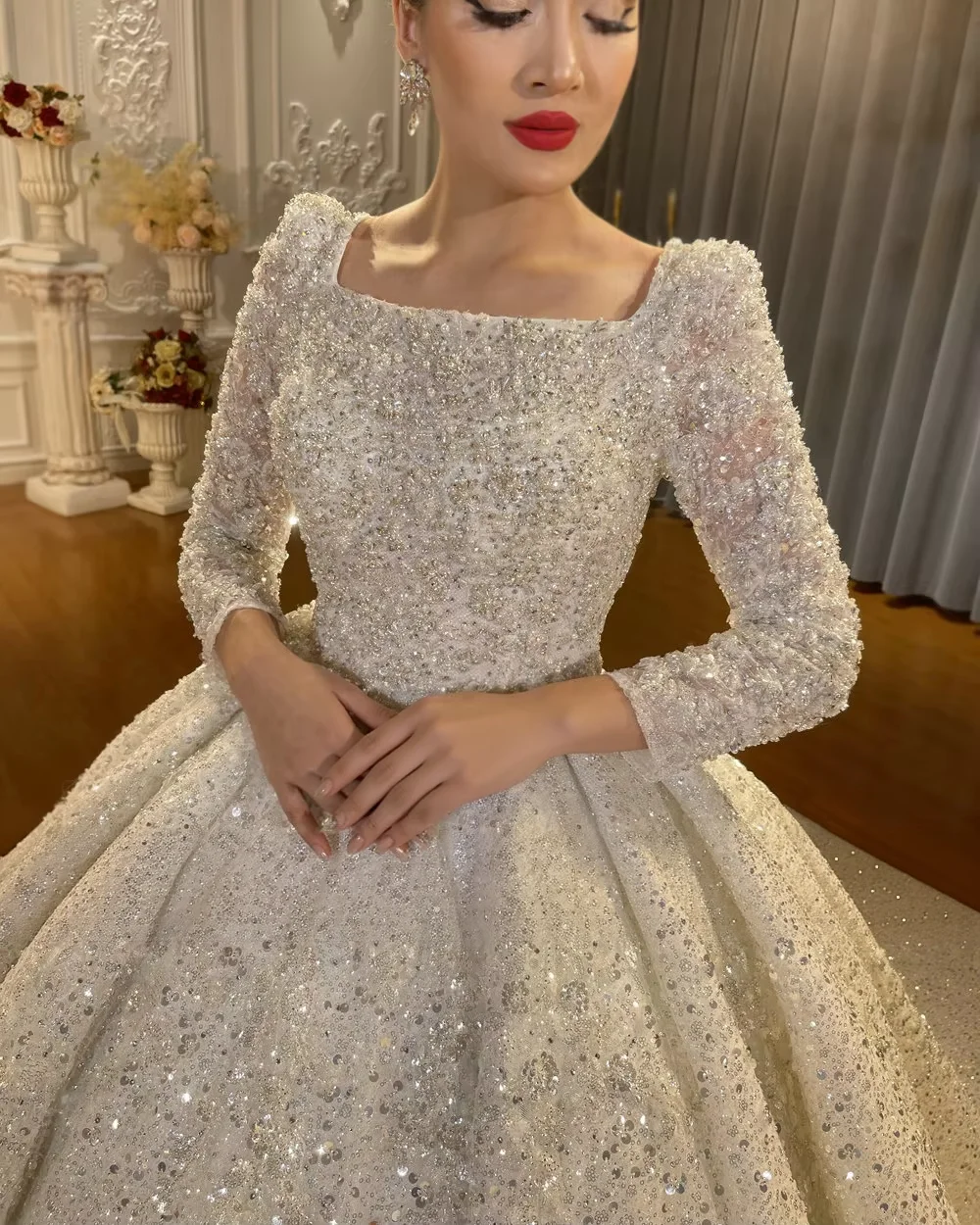 Customized Luxury Sparkly Wedding Dress Sequins Beaded Square Neck Puffy Princess Ball Gown With Train Amanda Novias Official