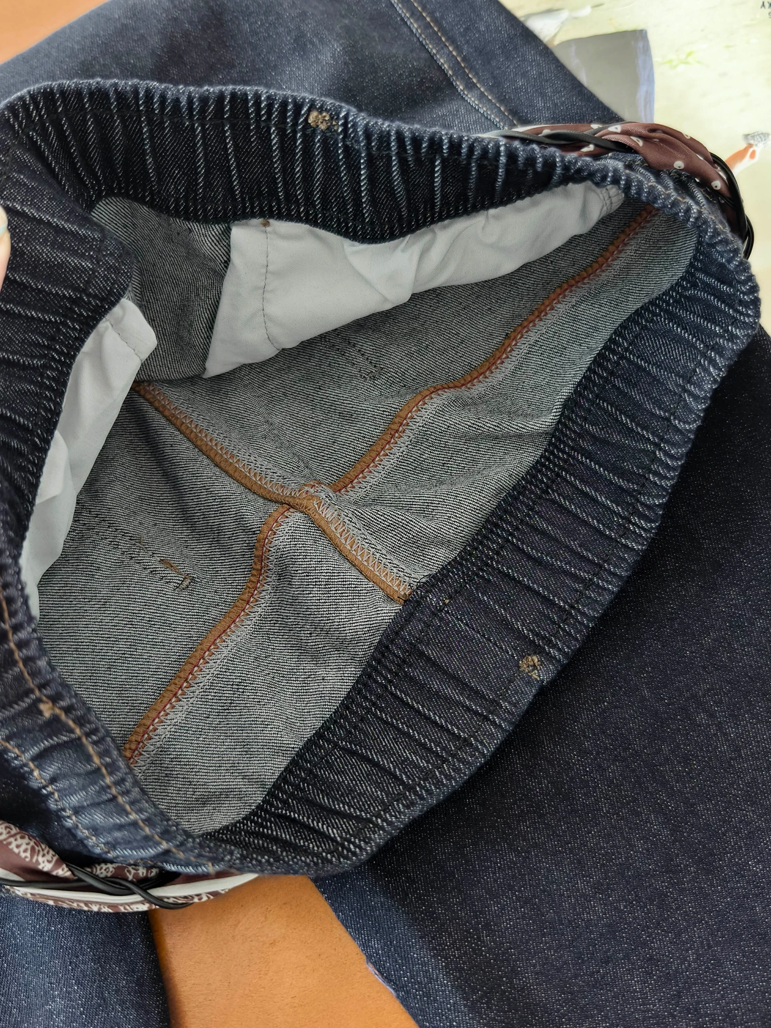 Skin-friendly Hemp Cotton Scarf Belted Straight Leg Jeans Sand Wash Elastic Waist Ladies Fashion Autumn Collection