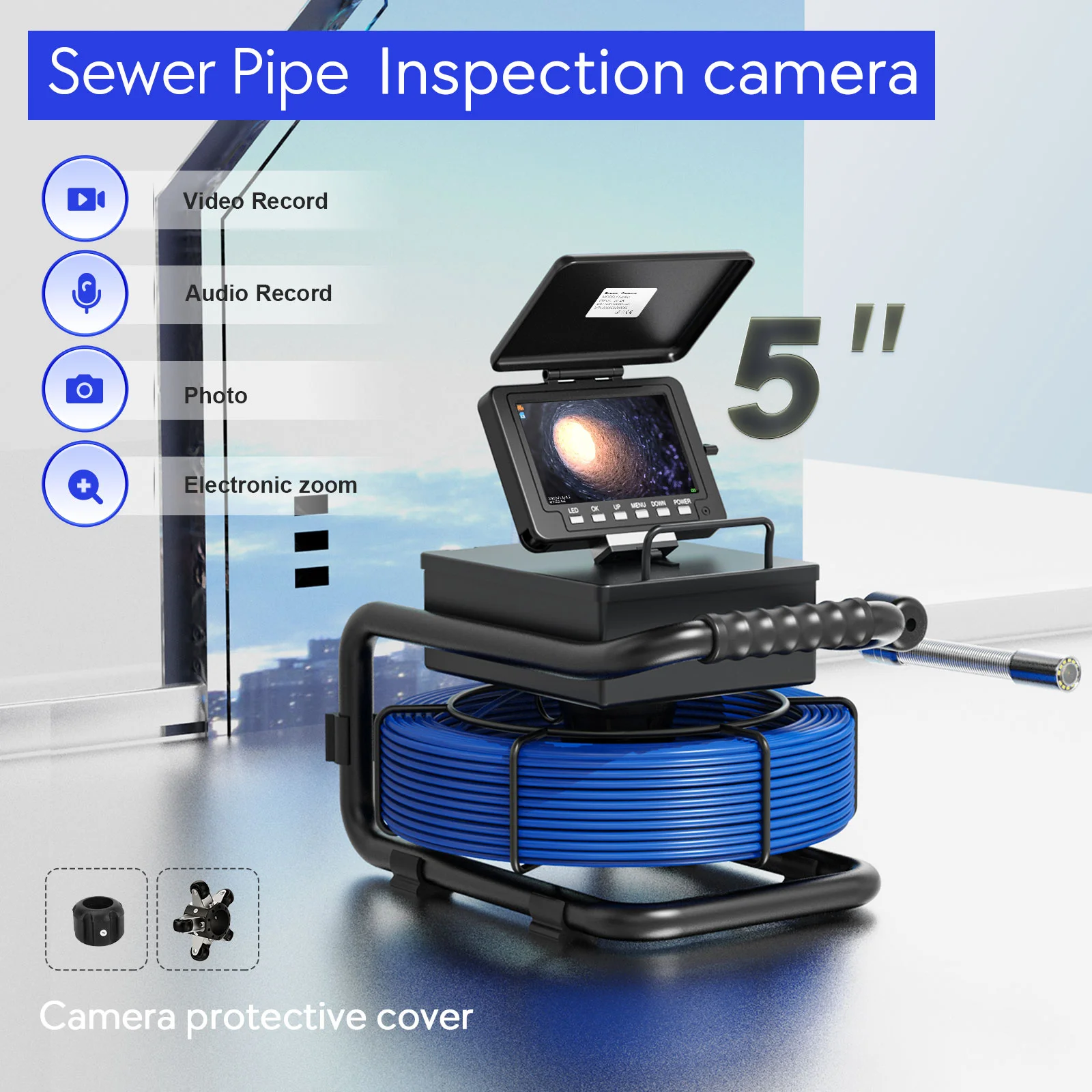 Sewer Inspection Camera 5 Inch IPS 1080P DVR Drain Sewer Inspection Video Recording 20/30/50M Self-Leveling 512HZ Transmitter