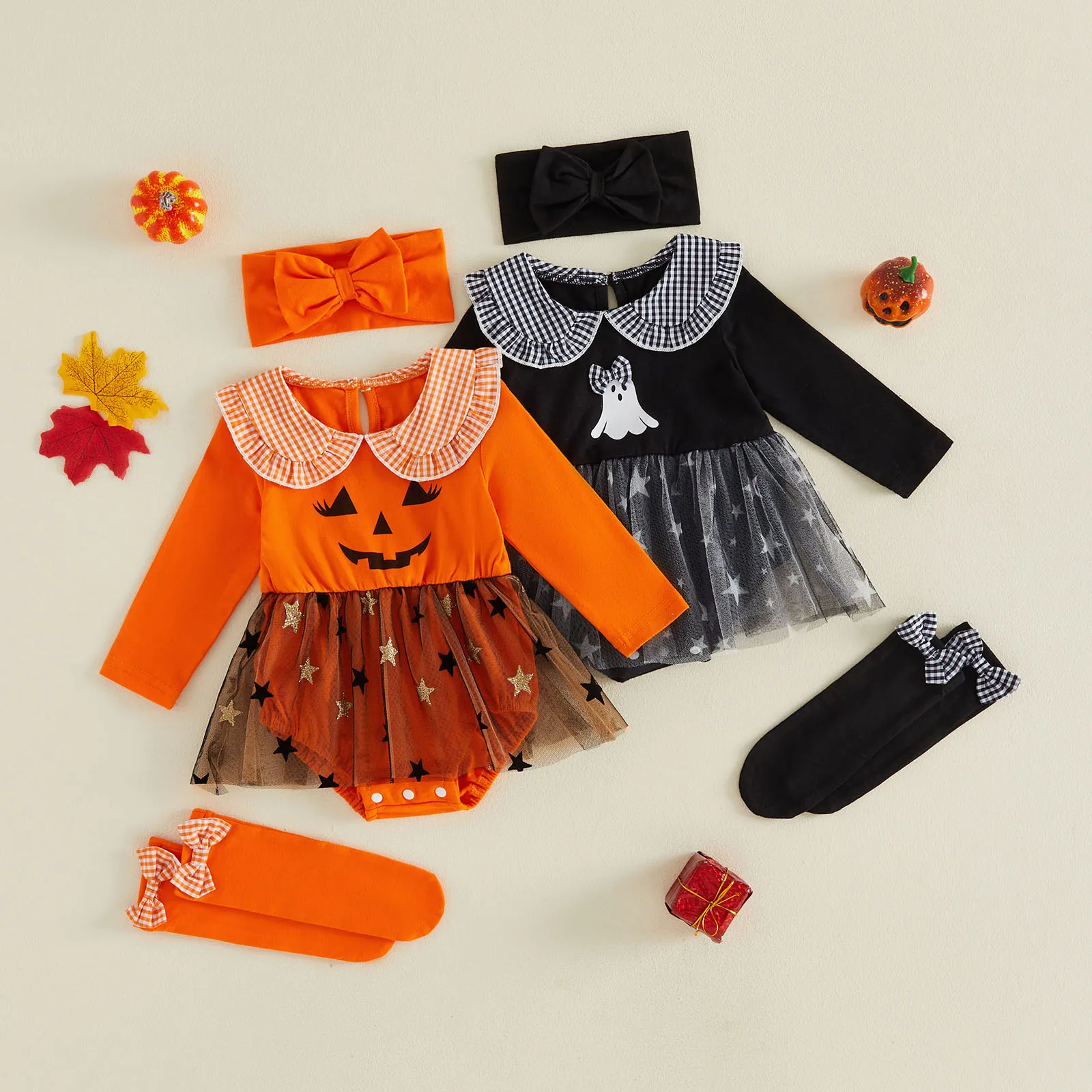 Newborn Infant Baby Girl Halloween Outfit Pumpkin Face/Ghost Print Long Sleeve Romper Dress + Headband + Stockings 3Pcs Sets