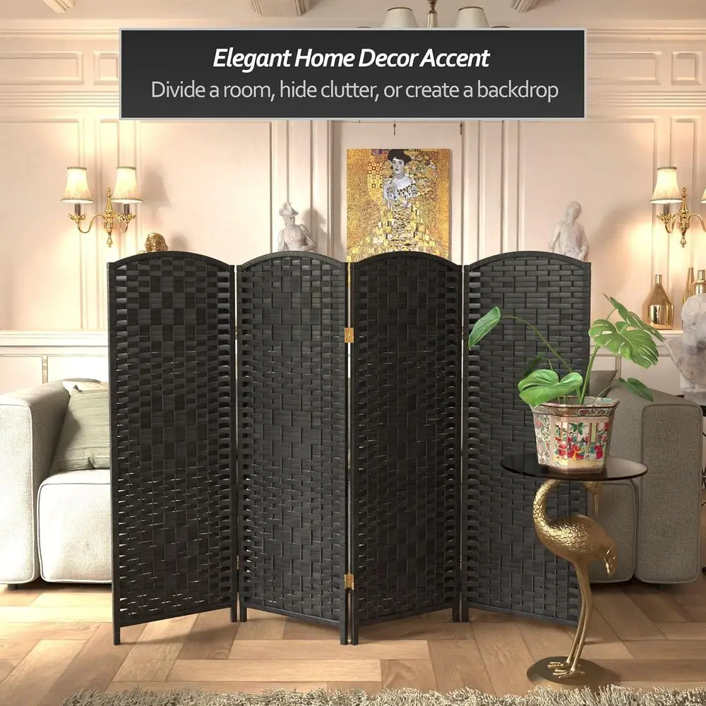 Compact 4-Panel Black Fiber Diamond Weave Folding Screen - 4 Feet Tall