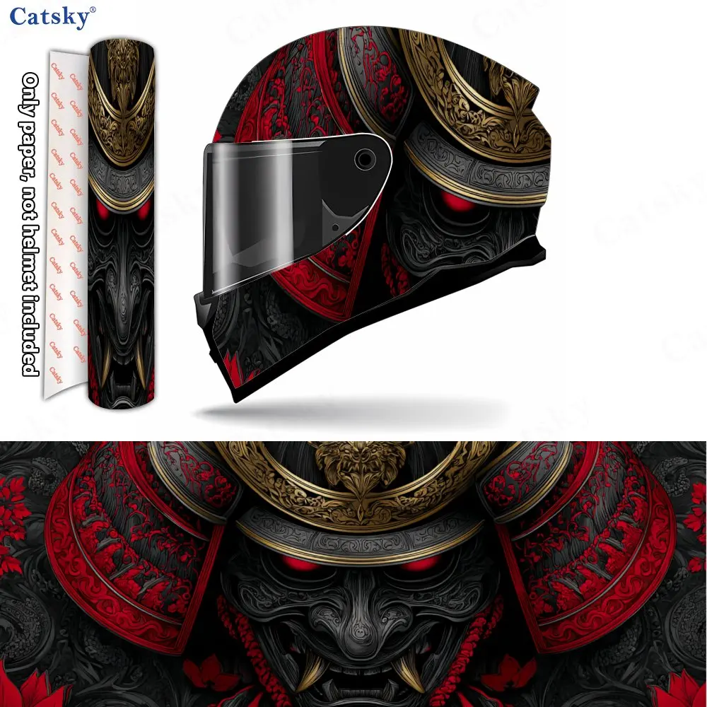 Samurai Mask Red Black Wonder Journey Helmet Vinyl Wraps, Waterproof Scratch-Resistant Full Face Helmet Decals, Durable PVC Arti
