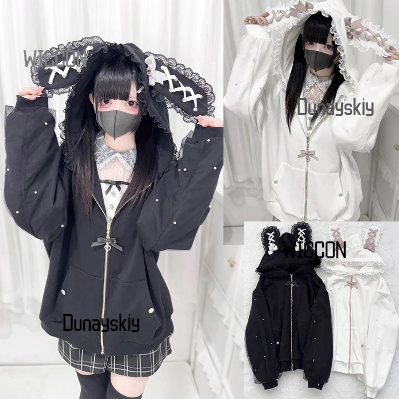 

Bunny Hoodie Hoodies Y2K Rabbit Ear Hoodie Lolita Jacket Bow Girls Pearl JK Japan Lace Kawaii Zipper Cardigan Long Sleeved Top