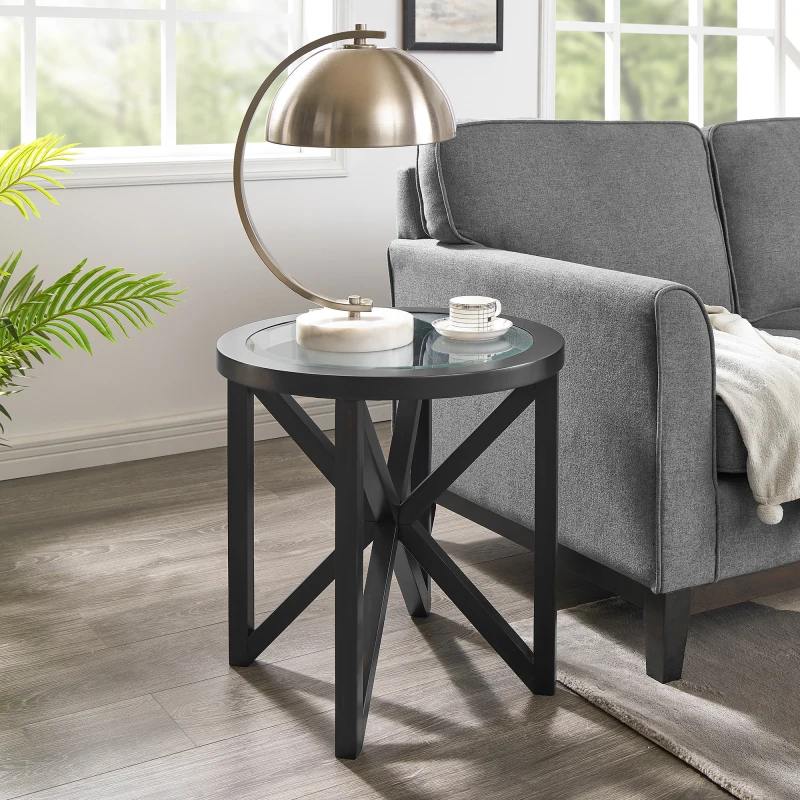 

Coffee Table Tempered Glass Coffee Table Solid Wood Base Round Transparent Glass Top Living Room Terrace Study Coffee Table