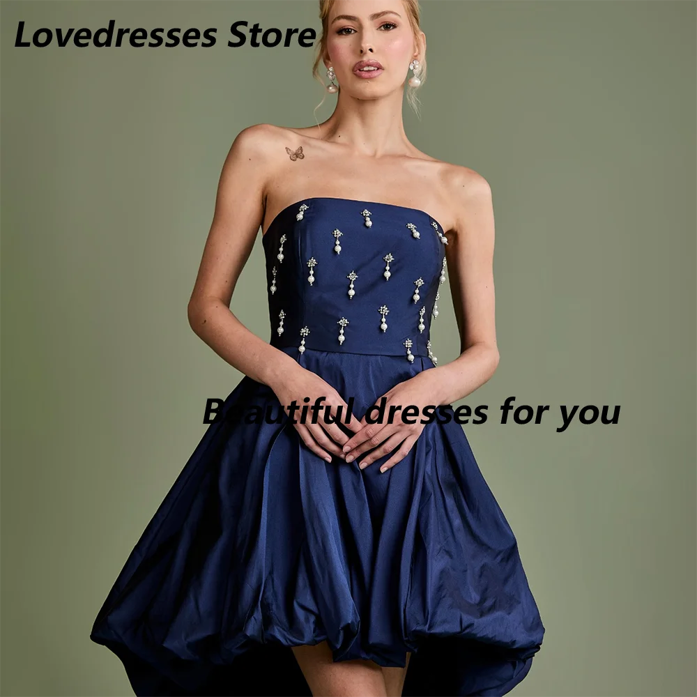Customized Prom Dresses Navy Blue Strapless Beaded Bodice High Low Formal Wedding Guest Homecoming Party Gown for Women