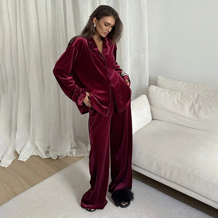 

Hiloc однотонные роскошные женские пижамы, костюм из 2 предметов, однобортный однобортный топ с отложным воротником и длинными рукавами, брюки с эластичной резинкой на талии, новинка 2025 г.