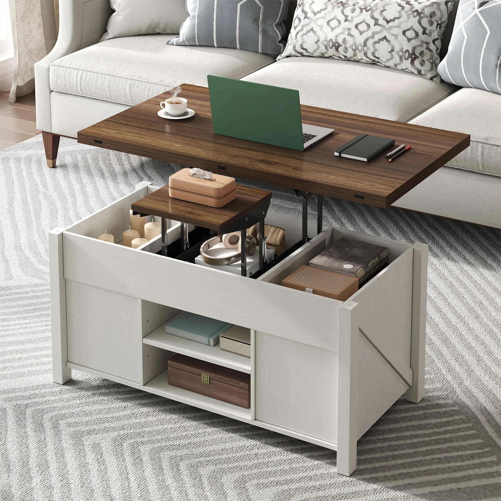 Farmhouse Lift Top Coffee Table with Sliding Barn Door,Rustic Center Table with Hidden Storage Compartment,Storage Coffee Table