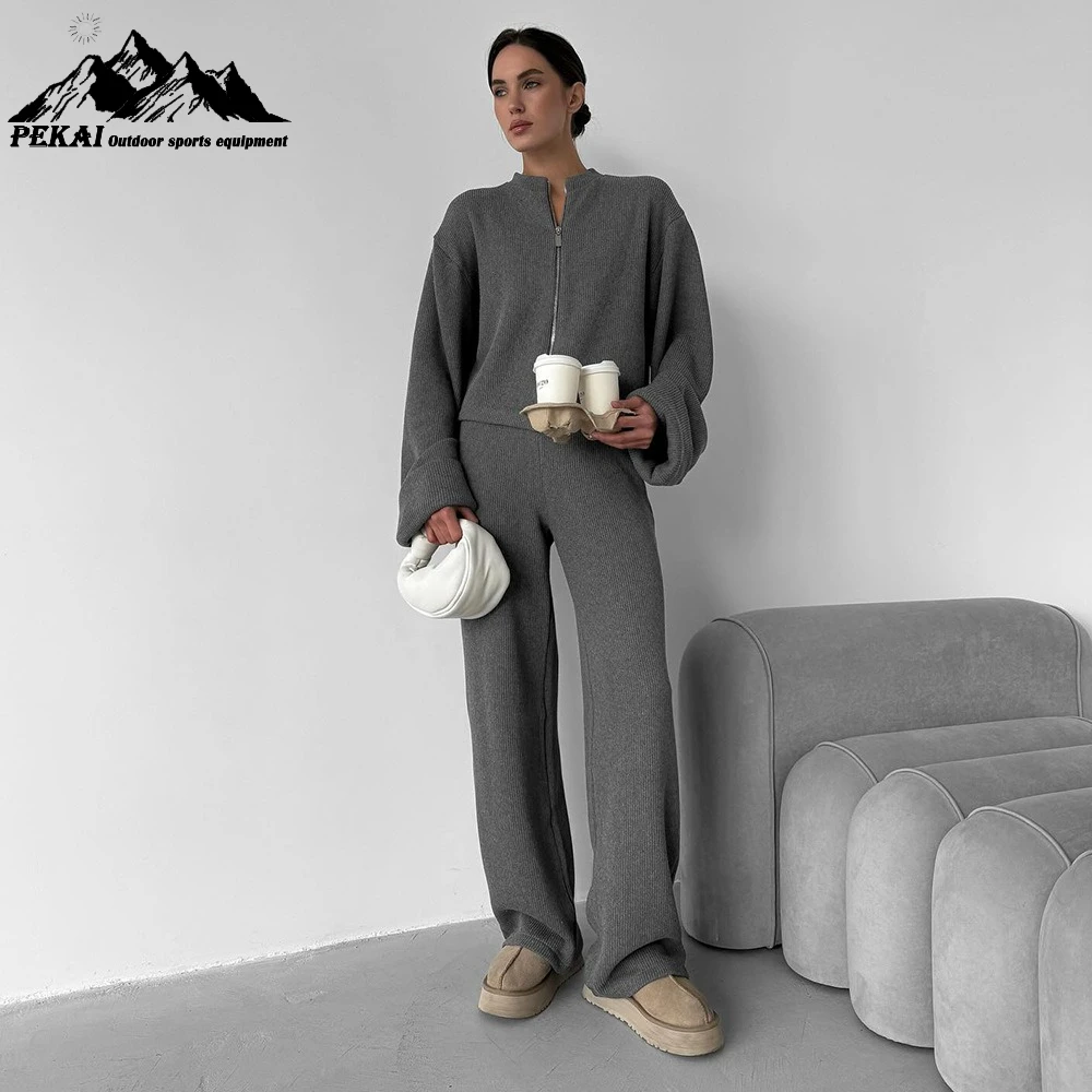 

Вязаный комплект широких брюк с длинными рукавами, подходящий для осени и зимы, новый комплект брюк с курткой на молнии