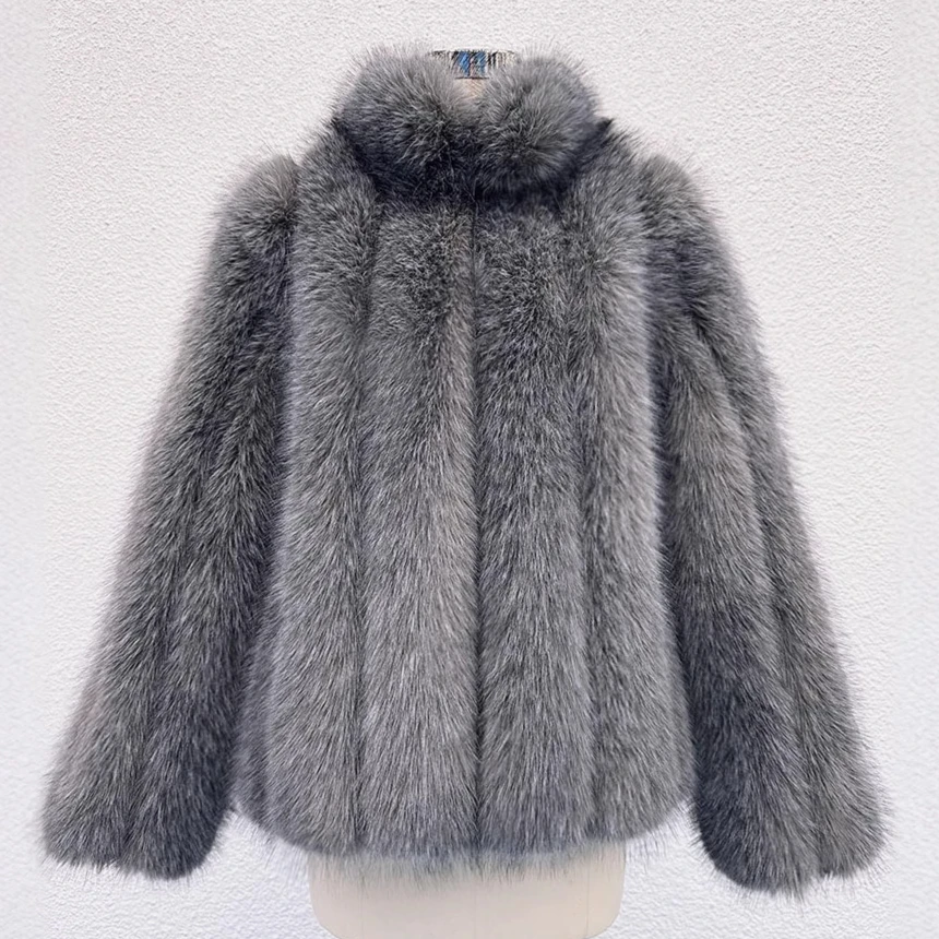 الشتاء فو الثعلب الفراء معاطف للنساء سميكة الدافئة السترات الصلبة مخطط الوقوف طوق كم طويل الجبهة زر مستقيم عادية 2025 #3